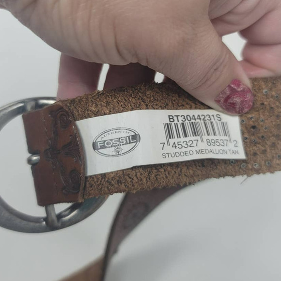 Authentic Fossil Leather Adjustable Belt Size 38 Studded Medallion Brown main image 7